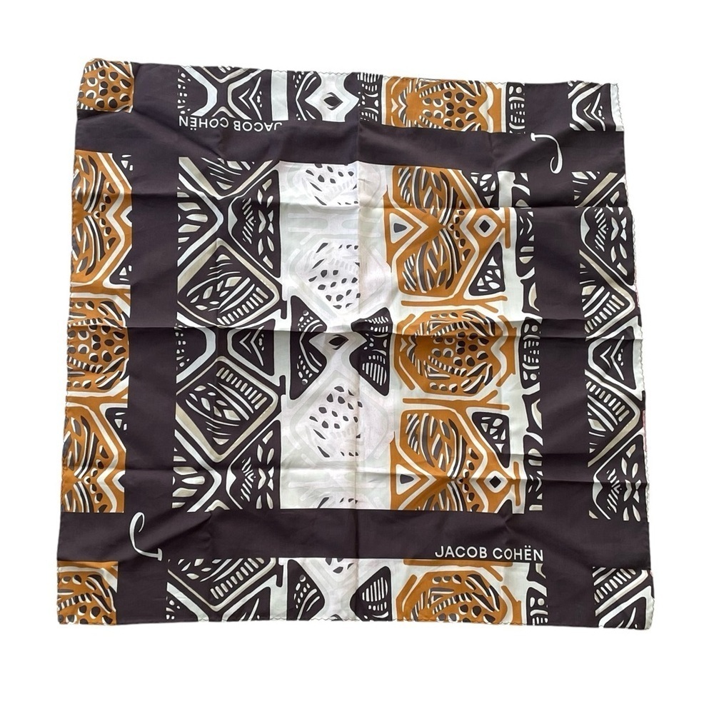 JACOB COHEN Vintage Designer Silk Cotton Square Printed Scarf Brown White
